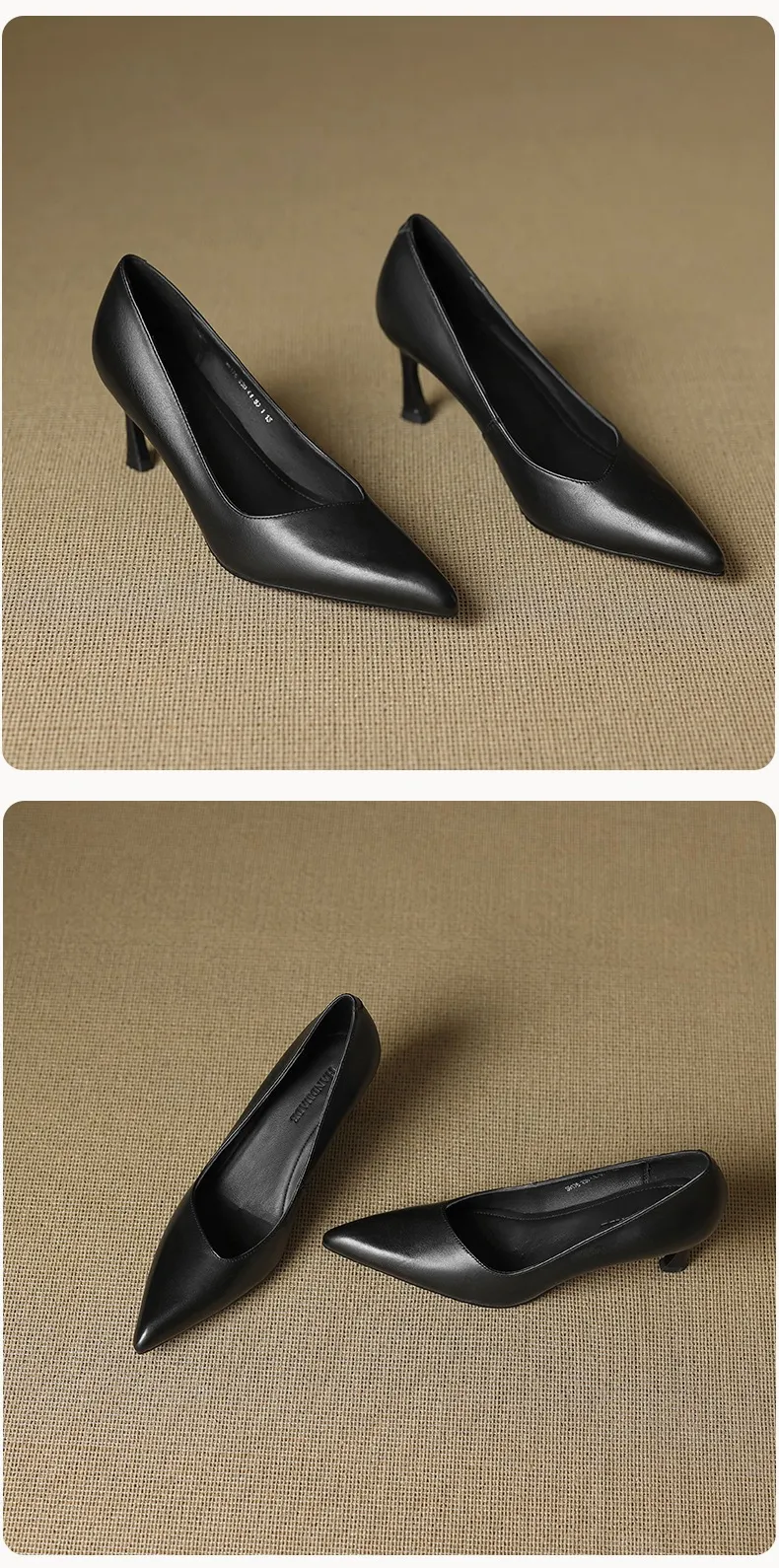 Women's leather shoes for all seasons, stylish pointed toe, 7cm stiletto heels, perfect for pairing with skirts, red and black slimming flats.