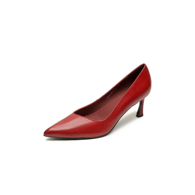 Women's leather shoes for all seasons, stylish pointed toe, 7cm stiletto heels, perfect for pairing with skirts, red and black slimming flats.