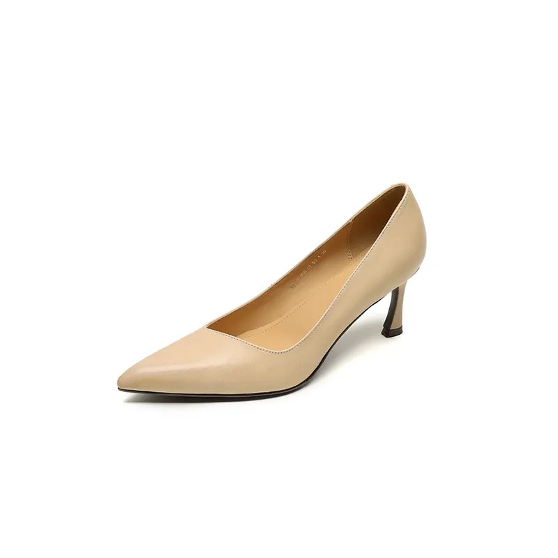 Women's leather shoes for all seasons, stylish pointed toe, 7cm stiletto heels, perfect for pairing with skirts, red and black slimming flats.