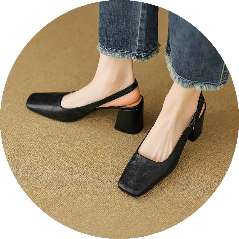 Spring/Summer High-Heeled Open Back Women's Square Toe Sandals Fashionable Lace-Up Sheepskin Chunky Heel Women's Shoes