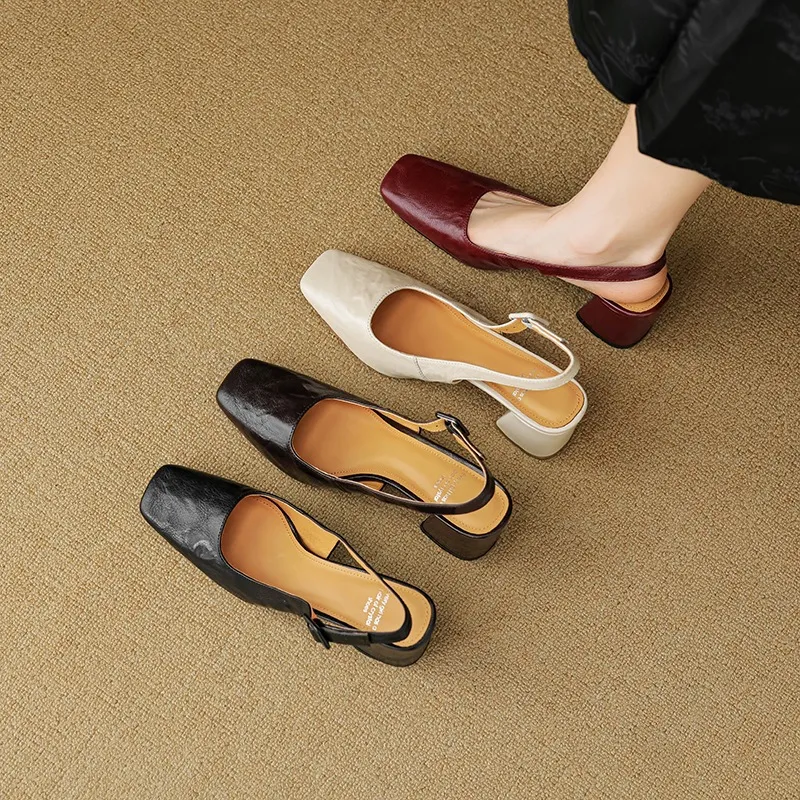 Spring/Summer High-Heeled Open Back Women's Square Toe Sandals Fashionable Lace-Up Sheepskin Chunky Heel Women's Shoes
