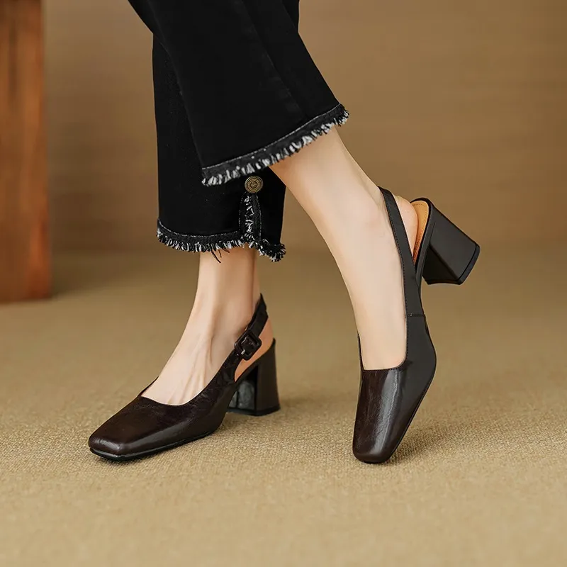 Spring/Summer High-Heeled Open Back Women's Square Toe Sandals Fashionable Lace-Up Sheepskin Chunky Heel Women's Shoes