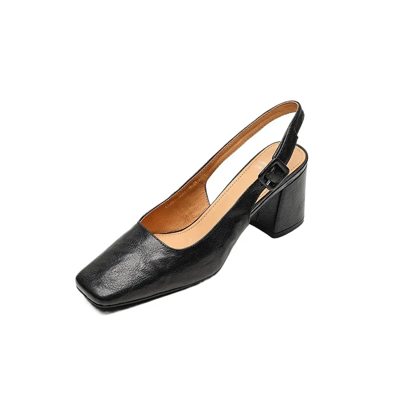 Spring/Summer High-Heeled Open Back Women's Square Toe Sandals Fashionable Lace-Up Sheepskin Chunky Heel Women's Shoes