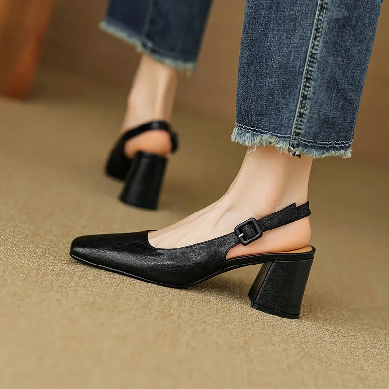 Spring/Summer High-Heeled Open Back Women's Square Toe Sandals Fashionable Lace-Up Sheepskin Chunky Heel Women's Shoes