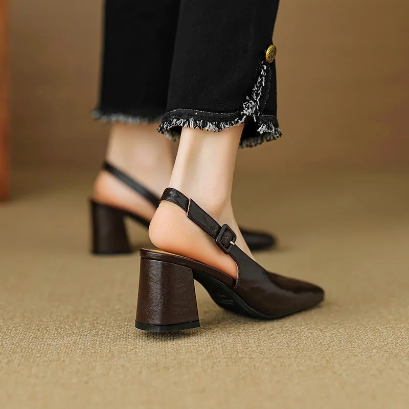 Spring/Summer High-Heeled Open Back Women's Square Toe Sandals Fashionable Lace-Up Sheepskin Chunky Heel Women's Shoes