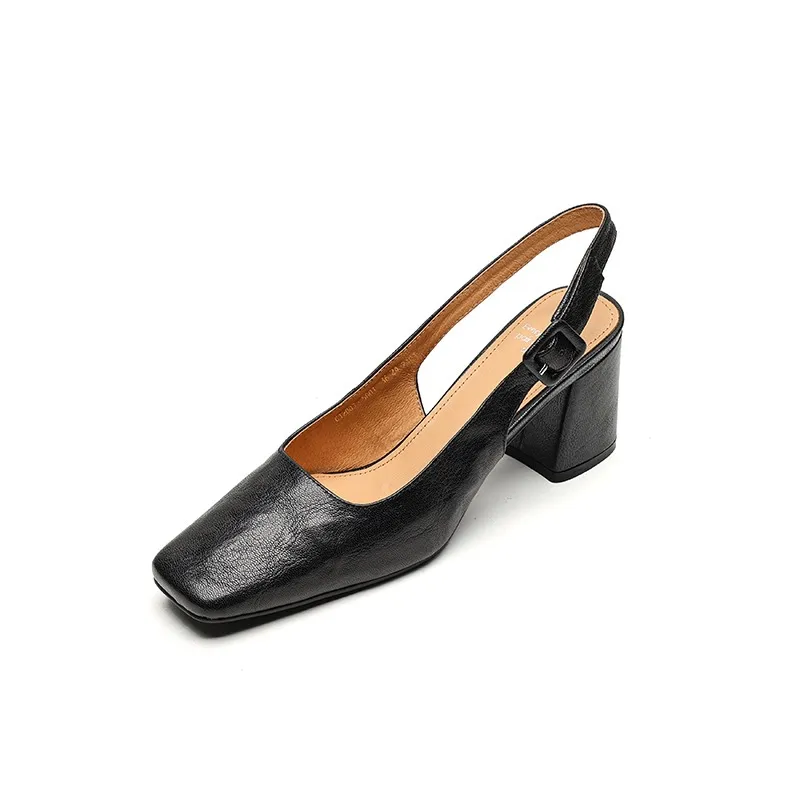 Spring/Summer High-Heeled Open Back Women's Square Toe Sandals Fashionable Lace-Up Sheepskin Chunky Heel Women's Shoes