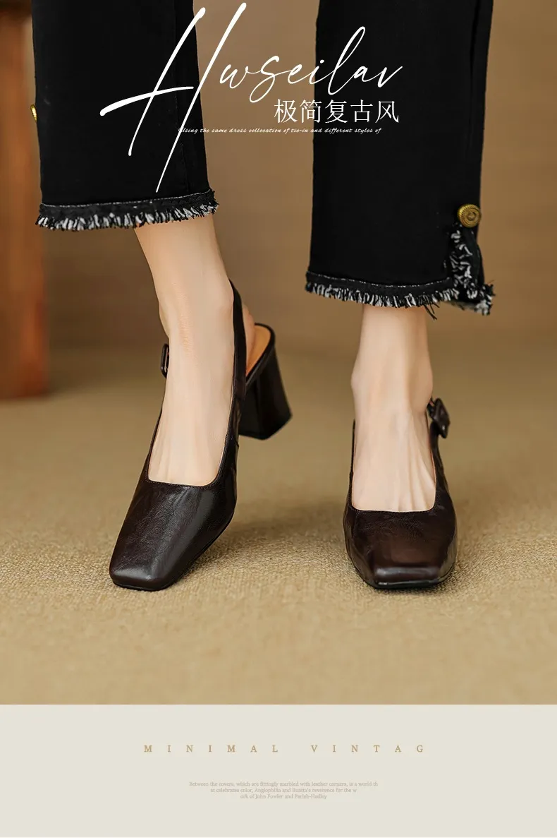 Spring/Summer High-Heeled Open Back Women's Square Toe Sandals Fashionable Lace-Up Sheepskin Chunky Heel Women's Shoes