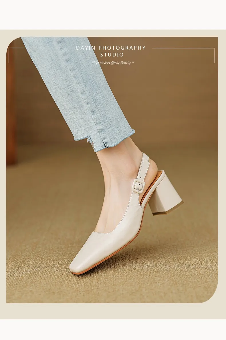 Spring/Summer High-Heeled Open Back Women's Square Toe Sandals Fashionable Lace-Up Sheepskin Chunky Heel Women's Shoes