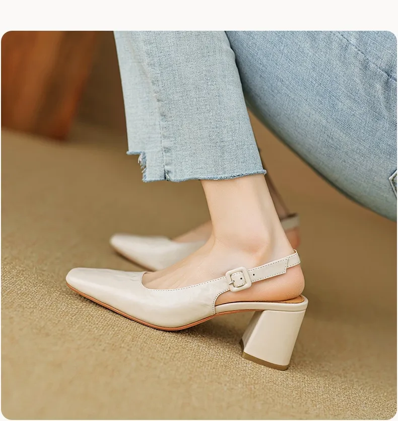 Spring/Summer High-Heeled Open Back Women's Square Toe Sandals Fashionable Lace-Up Sheepskin Chunky Heel Women's Shoes
