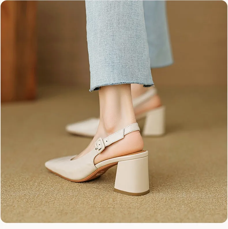 Spring/Summer High-Heeled Open Back Women's Square Toe Sandals Fashionable Lace-Up Sheepskin Chunky Heel Women's Shoes