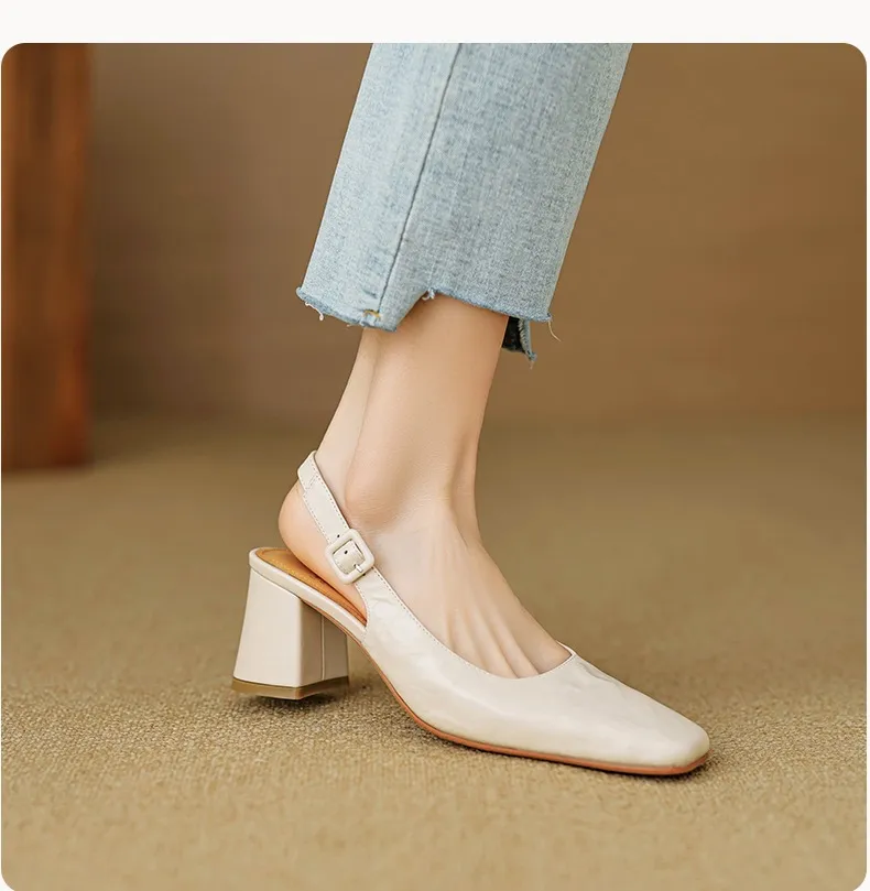Spring/Summer High-Heeled Open Back Women's Square Toe Sandals Fashionable Lace-Up Sheepskin Chunky Heel Women's Shoes