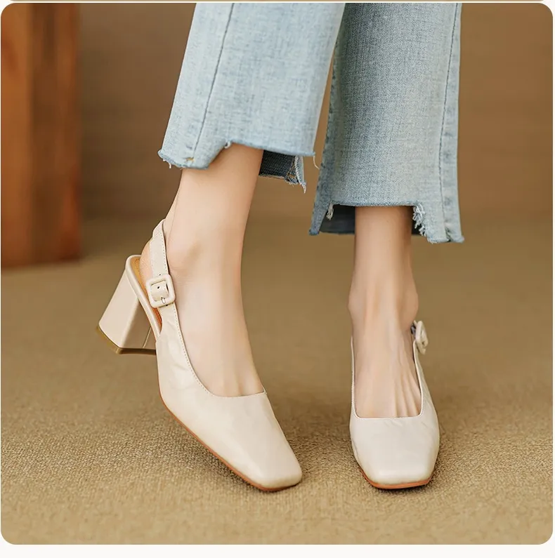 Spring/Summer High-Heeled Open Back Women's Square Toe Sandals Fashionable Lace-Up Sheepskin Chunky Heel Women's Shoes