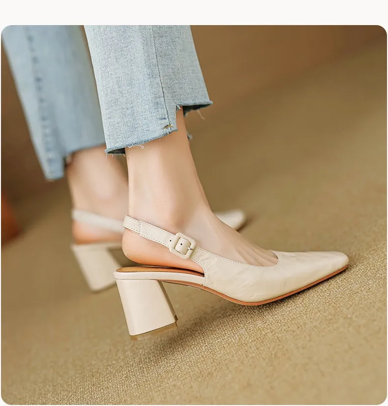 Spring/Summer High-Heeled Open Back Women's Square Toe Sandals Fashionable Lace-Up Sheepskin Chunky Heel Women's Shoes