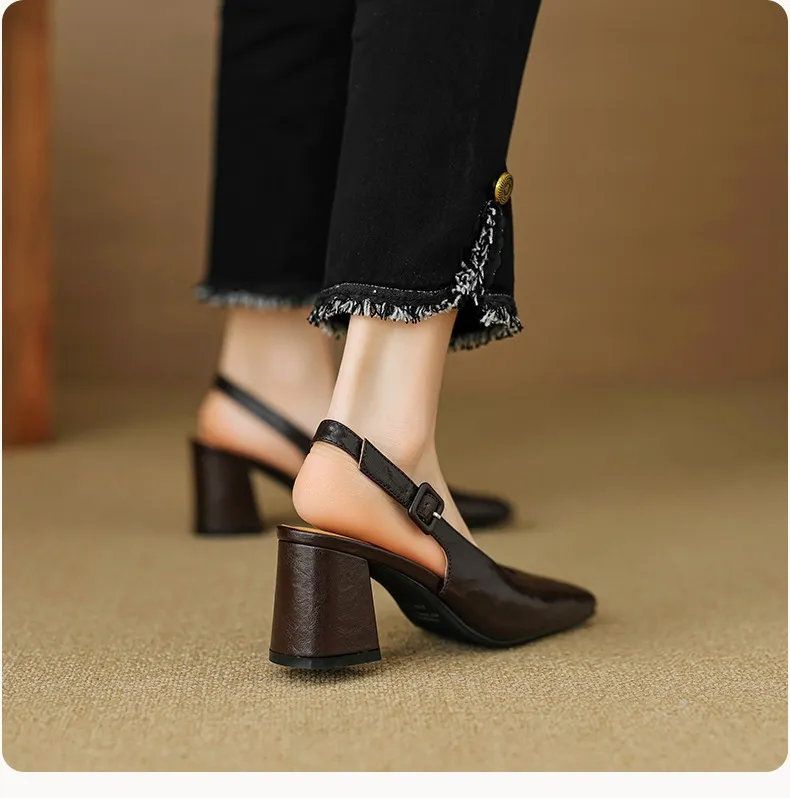 Spring/Summer High-Heeled Open Back Women's Square Toe Sandals Fashionable Lace-Up Sheepskin Chunky Heel Women's Shoes