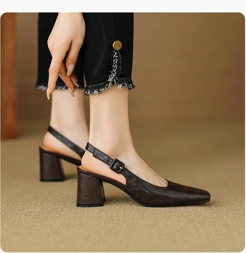 Spring/Summer High-Heeled Open Back Women's Square Toe Sandals Fashionable Lace-Up Sheepskin Chunky Heel Women's Shoes