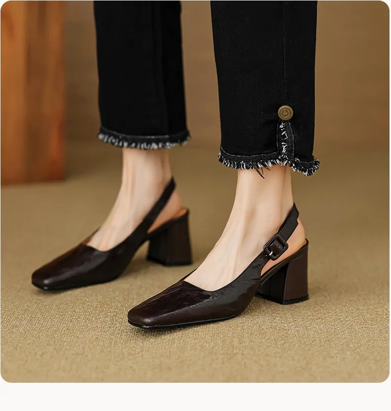 Spring/Summer High-Heeled Open Back Women's Square Toe Sandals Fashionable Lace-Up Sheepskin Chunky Heel Women's Shoes
