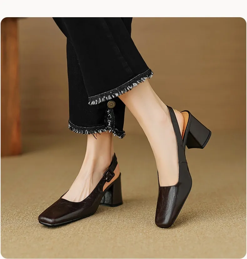 Spring/Summer High-Heeled Open Back Women's Square Toe Sandals Fashionable Lace-Up Sheepskin Chunky Heel Women's Shoes