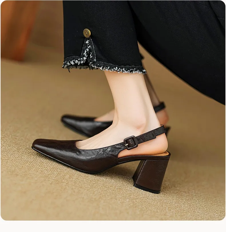 Spring/Summer High-Heeled Open Back Women's Square Toe Sandals Fashionable Lace-Up Sheepskin Chunky Heel Women's Shoes