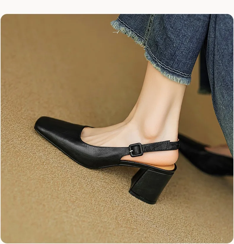 Spring/Summer High-Heeled Open Back Women's Square Toe Sandals Fashionable Lace-Up Sheepskin Chunky Heel Women's Shoes