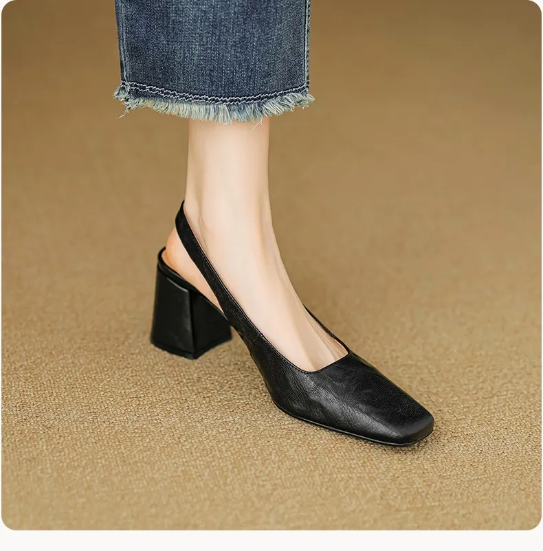 Spring/Summer High-Heeled Open Back Women's Square Toe Sandals Fashionable Lace-Up Sheepskin Chunky Heel Women's Shoes