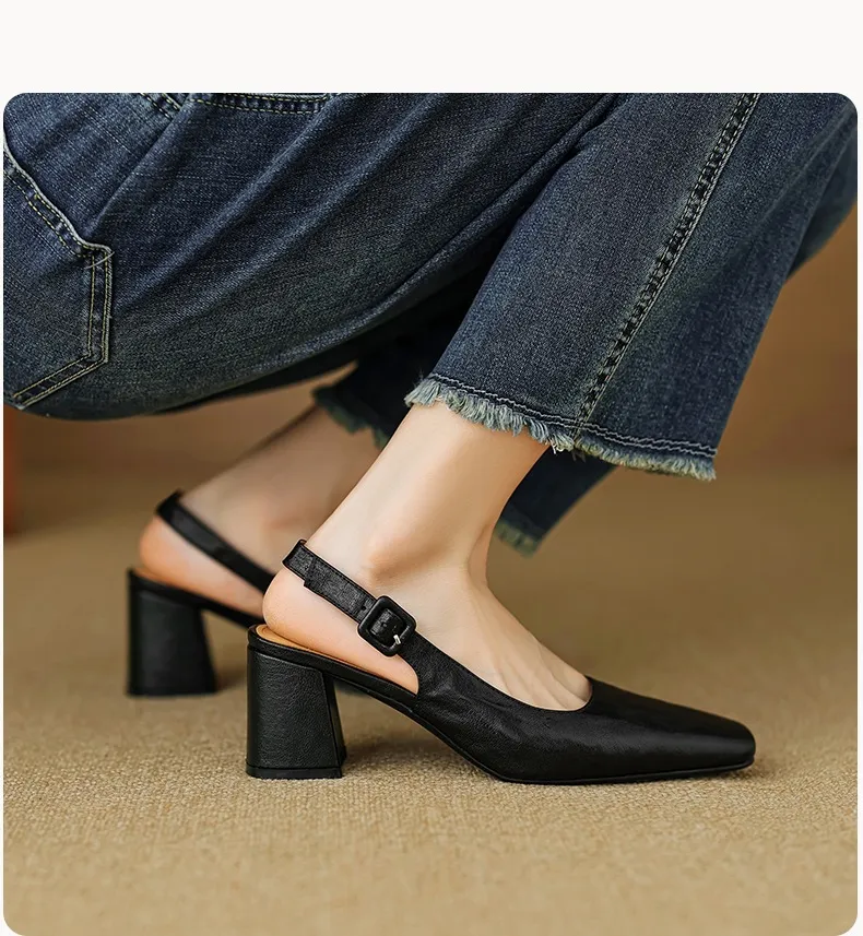 Spring/Summer High-Heeled Open Back Women's Square Toe Sandals Fashionable Lace-Up Sheepskin Chunky Heel Women's Shoes