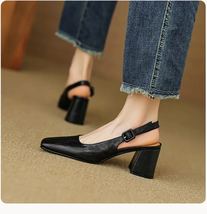 Spring/Summer High-Heeled Open Back Women's Square Toe Sandals Fashionable Lace-Up Sheepskin Chunky Heel Women's Shoes