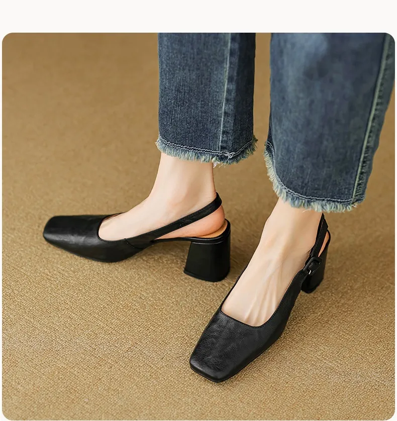 Spring/Summer High-Heeled Open Back Women's Square Toe Sandals Fashionable Lace-Up Sheepskin Chunky Heel Women's Shoes