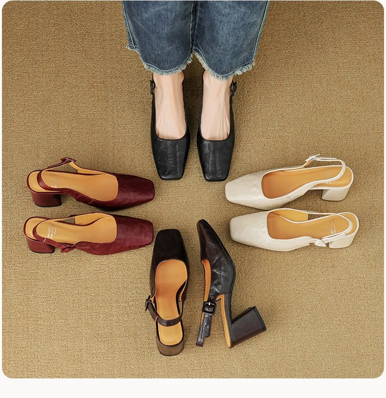 Spring/Summer High-Heeled Open Back Women's Square Toe Sandals Fashionable Lace-Up Sheepskin Chunky Heel Women's Shoes