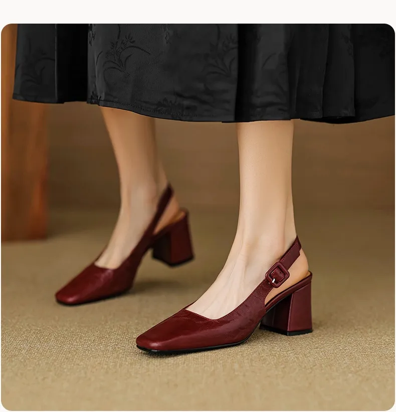 Spring/Summer High-Heeled Open Back Women's Square Toe Sandals Fashionable Lace-Up Sheepskin Chunky Heel Women's Shoes