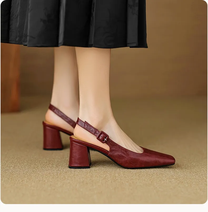 Spring/Summer High-Heeled Open Back Women's Square Toe Sandals Fashionable Lace-Up Sheepskin Chunky Heel Women's Shoes