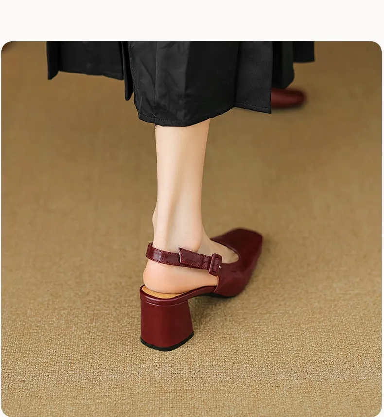 Spring/Summer High-Heeled Open Back Women's Square Toe Sandals Fashionable Lace-Up Sheepskin Chunky Heel Women's Shoes