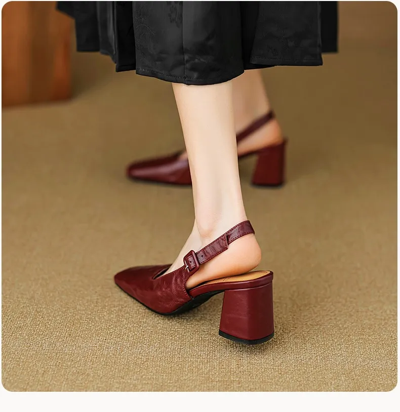 Spring/Summer High-Heeled Open Back Women's Square Toe Sandals Fashionable Lace-Up Sheepskin Chunky Heel Women's Shoes