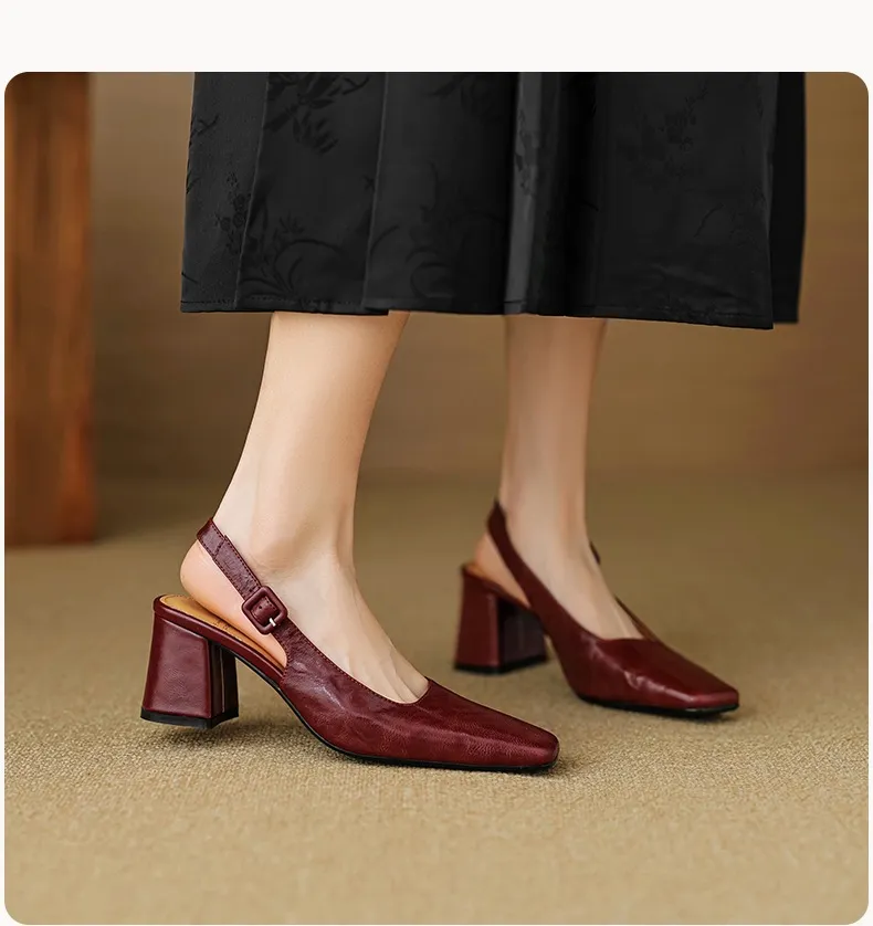 Spring/Summer High-Heeled Open Back Women's Square Toe Sandals Fashionable Lace-Up Sheepskin Chunky Heel Women's Shoes