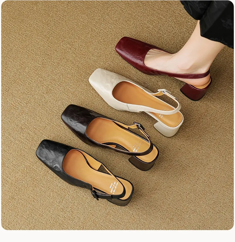 Spring/Summer High-Heeled Open Back Women's Square Toe Sandals Fashionable Lace-Up Sheepskin Chunky Heel Women's Shoes