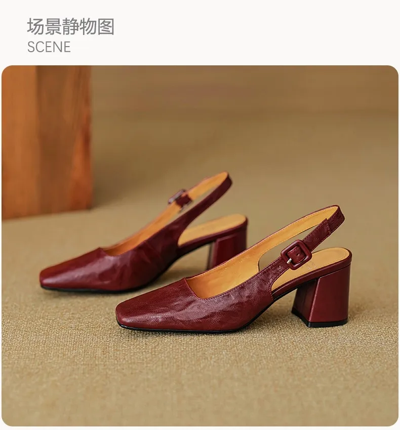 Spring/Summer High-Heeled Open Back Women's Square Toe Sandals Fashionable Lace-Up Sheepskin Chunky Heel Women's Shoes