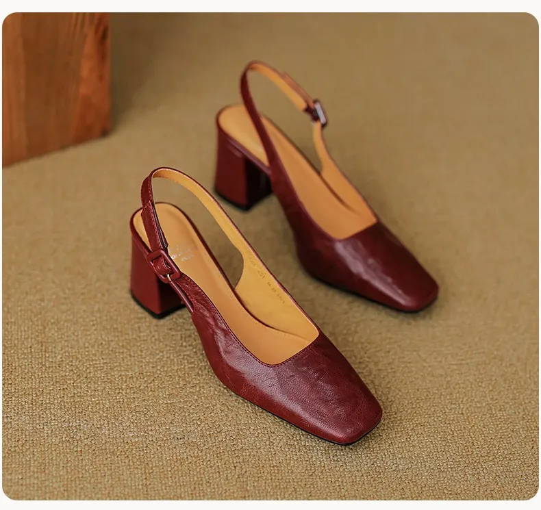 Spring/Summer High-Heeled Open Back Women's Square Toe Sandals Fashionable Lace-Up Sheepskin Chunky Heel Women's Shoes