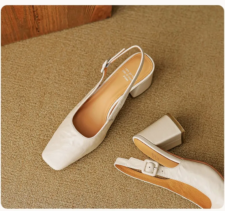 Spring/Summer High-Heeled Open Back Women's Square Toe Sandals Fashionable Lace-Up Sheepskin Chunky Heel Women's Shoes