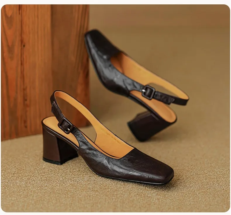 Spring/Summer High-Heeled Open Back Women's Square Toe Sandals Fashionable Lace-Up Sheepskin Chunky Heel Women's Shoes