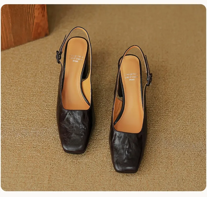 Spring/Summer High-Heeled Open Back Women's Square Toe Sandals Fashionable Lace-Up Sheepskin Chunky Heel Women's Shoes