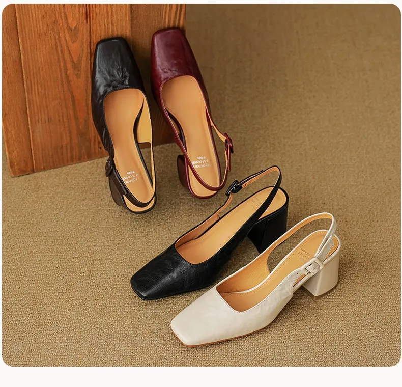 Spring/Summer High-Heeled Open Back Women's Square Toe Sandals Fashionable Lace-Up Sheepskin Chunky Heel Women's Shoes