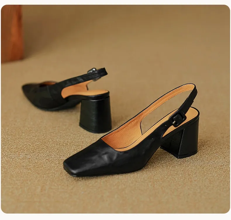 Spring/Summer High-Heeled Open Back Women's Square Toe Sandals Fashionable Lace-Up Sheepskin Chunky Heel Women's Shoes