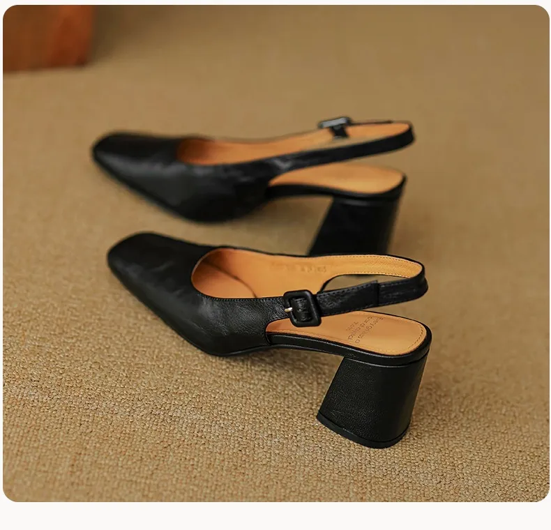 Spring/Summer High-Heeled Open Back Women's Square Toe Sandals Fashionable Lace-Up Sheepskin Chunky Heel Women's Shoes