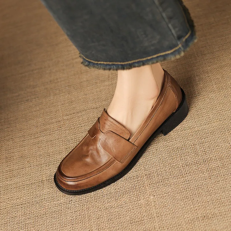 Early spring single shoes, round toe, chunky heel, low heel, deep mouth, cowhide loafers, women's 1-6h