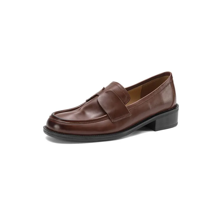 Early spring single shoes, round toe, chunky heel, low heel, deep mouth, cowhide loafers, women's 1-6h