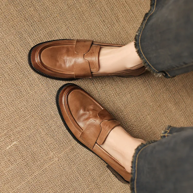 Early spring single shoes, round toe, chunky heel, low heel, deep mouth, cowhide loafers, women's 1-6h