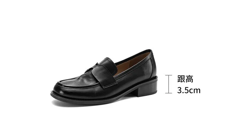 Early spring single shoes, round toe, chunky heel, low heel, deep mouth, cowhide loafers, women's 1-6h