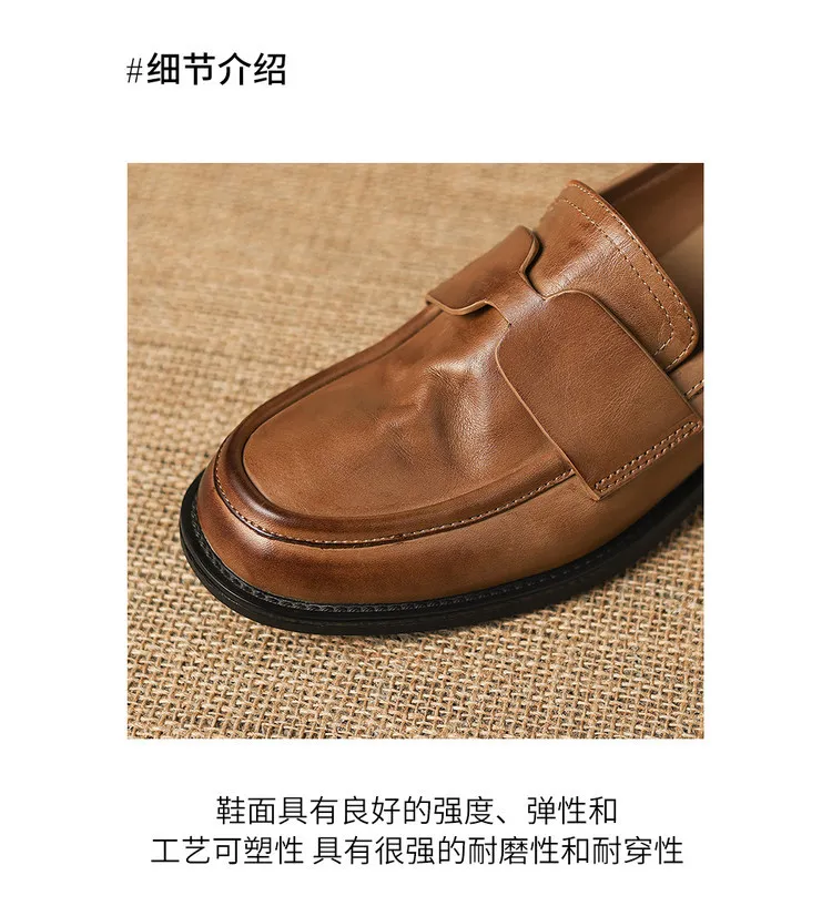 Early spring single shoes, round toe, chunky heel, low heel, deep mouth, cowhide loafers, women's 1-6h