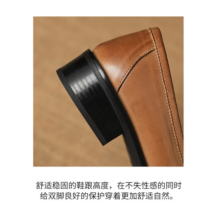 Early spring single shoes, round toe, chunky heel, low heel, deep mouth, cowhide loafers, women's 1-6h