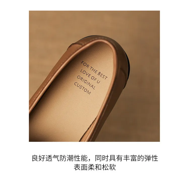 Early spring single shoes, round toe, chunky heel, low heel, deep mouth, cowhide loafers, women's 1-6h