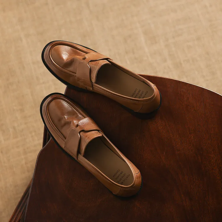 Early spring single shoes, round toe, chunky heel, low heel, deep mouth, cowhide loafers, women's 1-6h